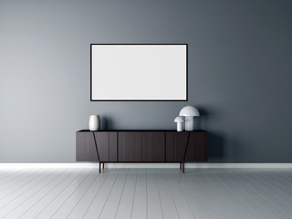 Modern bright interiors apartment with mock up poster frame 3D rendering illustration