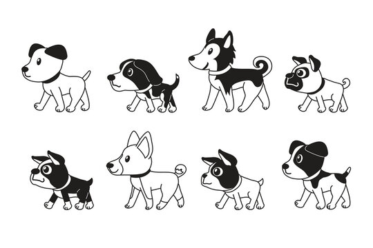 Different type of cute dogs walking vector cartoon illustration for design.
