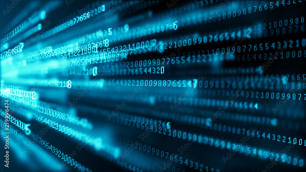 Fototapete Data technology background. Big data visualization. Flow of data. Information code. Background in a matrix style. 4k rendering.