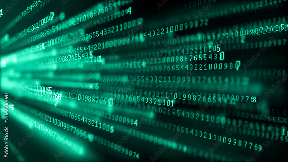 Fototapete Data technology background. Big data visualization. Flow of data. Information code. Background in a matrix style. 4k rendering.