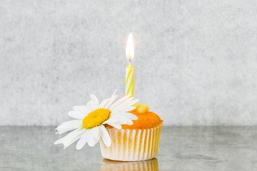 Fototapeta na wymiar Small bright yellow cupcakes decorated with burning candle