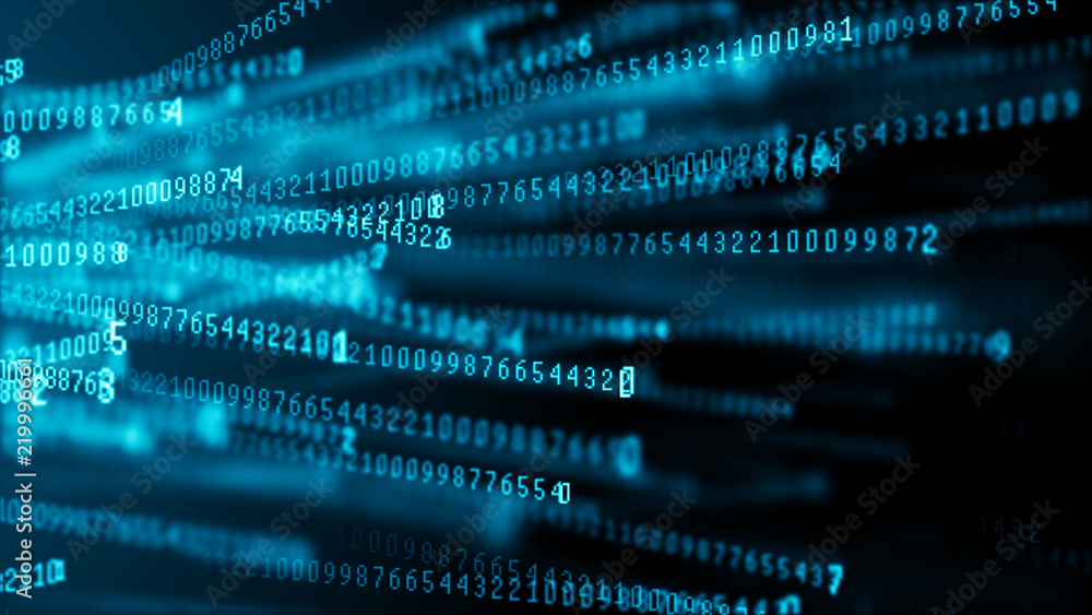 Fototapete Data technology background. Big data visualization. Flow of data. Information code. Background in a matrix style. 4k rendering.