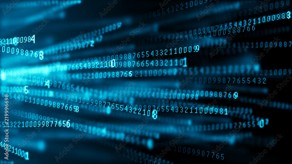 Fototapete Data technology background. Big data visualization. Flow of data. Information code. Background in a matrix style. 4k rendering.