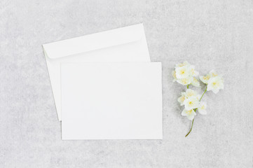 Grey background with blank postcard and flower