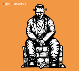Frankenstein vector tattoo by hand drawing.Frankenstein sit on stone chair.