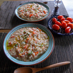 カラフルなお皿に盛られたトマトのリゾット