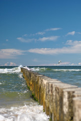 Wooden breakwater with seagulls on a clear, sunny day