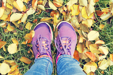 Top view on woman colorful sneakers on a background of colorful dry autumn leaves.