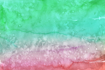 Colorful watercolor ombre leaks and splashes texture on white watercolor paper background. Natural organic shapes and design.