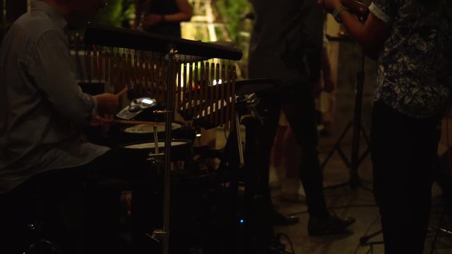 Musicians band performing on a stage for mini concert or party event at night.