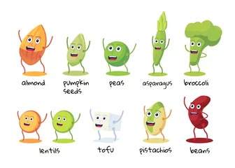 Fotobehang Set of funny character of foods. Beans, broccoli, asparagus, tofu, peas, lentils, almonds, pistachios, pumpkin seeds. © Ilya_kovshik