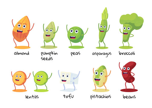 Set Of Funny Character Of Foods. Beans, Broccoli, Asparagus, Tofu, Peas, Lentils, Almonds, Pistachios, Pumpkin Seeds.