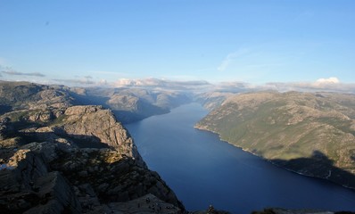 view of river and mountains and Preikestolen in Norway