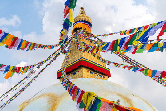 Boudhanath Stupa and prayer flags in Kathmandu