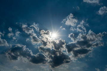 Fototapeta na wymiar Beautiful blue sky background, sunrays through the clouds