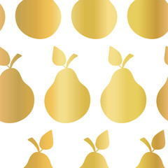 Gold foil pear seamless vector pattern. Golden shiny pears in rows on white background. Elegant, luxurious food print for paper, packaging, web banners, home decor, reataurant menues, kitchen decor