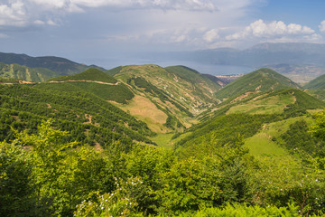 Fototapeta na wymiar Scenic landscape view in Albanian mountain, Ohrid lake in the background.