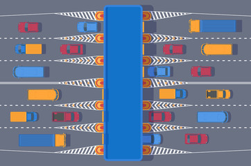 Checkpoint of collection on autobahn and toll road . Car and roadside point. Highway toll area with transport. Top view illustration.