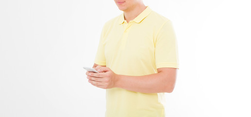 man in t shirt holding smartphone isolated on white background. Mobile maketing, business concept. Copy space