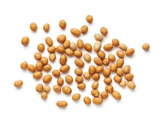 Spicy coated fried peanuts isolated on white background. Top view of snacks and nuts.