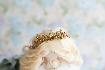 Textile doll with beautiful tiara on curly blond hair.  Handmade. Doll with white dress