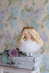Textile doll with beautiful tiara on curly blond hair.  Handmade. Doll with white dress