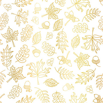 Gold foil autumn leaves seamless vector background. Golden abstract fall leaf shapes on white background. Elegant, luxurious pattern for scrap booking, banners, packaging, wedding, party, invite,