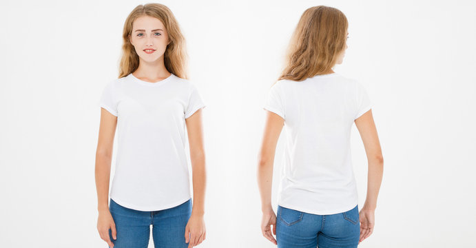 Front and back views of young caucasian girl woman in stylish t-shirt on white background. Mock up for design. Copy space. Template. Blank