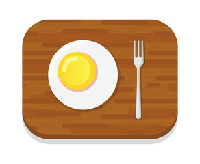 Vector Omelette on wooden cutting board. Illustration, Logo illustration for Tasty and Simple Cuisine. dish with Fried Egg isolated on white in Cartoon Style.