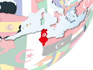 Tunisia with flag on globe