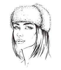 Vector hand draw illustration of girl in fur hat isolated on white background. Young woman with bob haircut. Half-turn view.