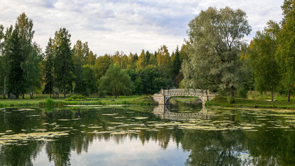 Fototapeta na wymiar The idyll of the peaceful lake with the old bridge in green Park.