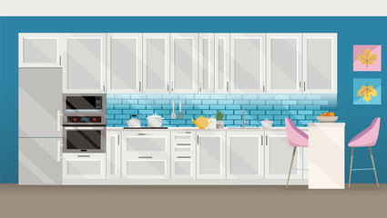 Flat modern interior kitchen room in turquoise tones. Kitchen utensils and appliances in the background tiles. Casserole, kettle in kitchen set with built-in table Flat isolated cartoon illustration.