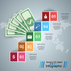 3D infographic design template and marketing icons. Dollar icon. Money icon.