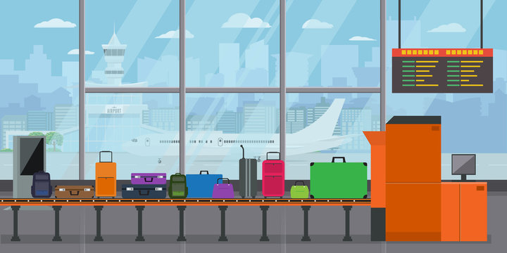 Baggage Carousel In Airport terminal with Suitcases and bags on Conveyor Belt Before Departure. Flat and solid color style Vector Illustration