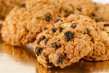 Group of Fresh baked oatmeal cookies with raisin. Group of Fresh baked chocolate chip oatmeal cookies.