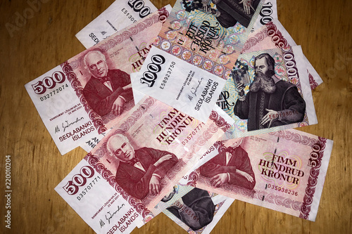 Icelandic Cash Money Of Iceland Several Krona Bills On Icelandic Cash Money Of Iceland Several Krona Bills On Wooden Table
