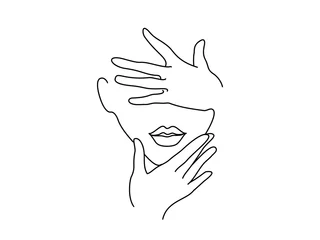 Foto op Plexiglas Lijntekening kunst. Vrouw gezicht met handen. Vector illustratie. Concept voor logo, kaart, banner, posterflyer © Valenty