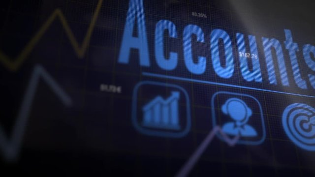 A Accounts business concept on a flashing computer monitor with moving graphs and data.