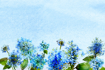 blue watercolor ombre wash background texture with hydrangea flowers