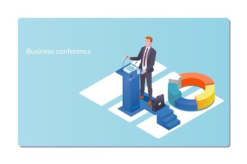 Business conference invitation concept.Man speaks, presentation project. Business Seminar Isometric Flat Style