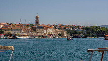 KRK, CROATIA 08 05 2018 Beautiful panoramic view of the City of Krk with main church belfry. Island...