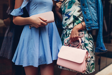 Two young beautiful women wearing stylish clothes and accessories. Girls holding purse and handbag....