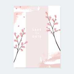 Floral wedding invitation, greeting card with pale pink blooming flowers and artistic brush stroke texture on white background. Simple botanical design, vintage vector illustration, brochure template.