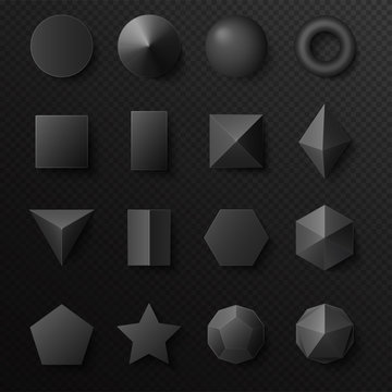 3d volumetric black shapes figures set. Realistic vector primitives with shadows.