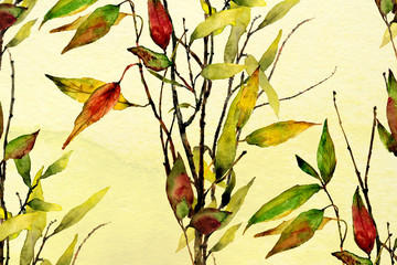yellow and green ombre wash watercolor background texture with fall leaves