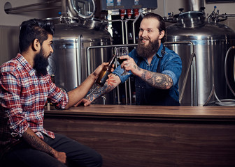 Two bearded interracial friends drink craft beer in a brewery. Tattooed hipster worker male in an apron drinks beer with his friend in the brewery factory.