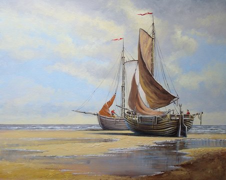 Oil paintings sea landscape. Fisherman, ships, boats. Fine art.