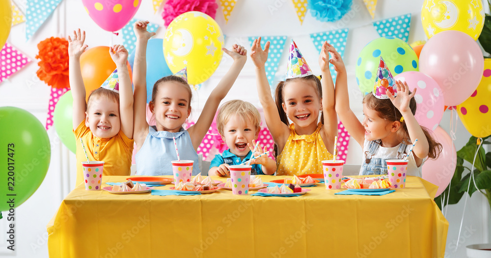 Wall mural children's birthday. happy kids with cake