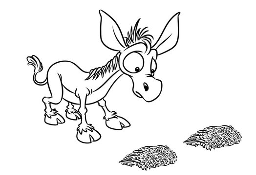 Buridanov donkey psychology term doubt cartoon illustration isolated image coloring page
